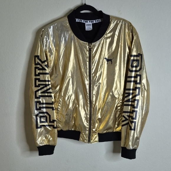 PINK Victoria's Secret Jackets & Blazers - PINK Victoria's Secret Metallic Gold Bomber Jacket with Black Trim